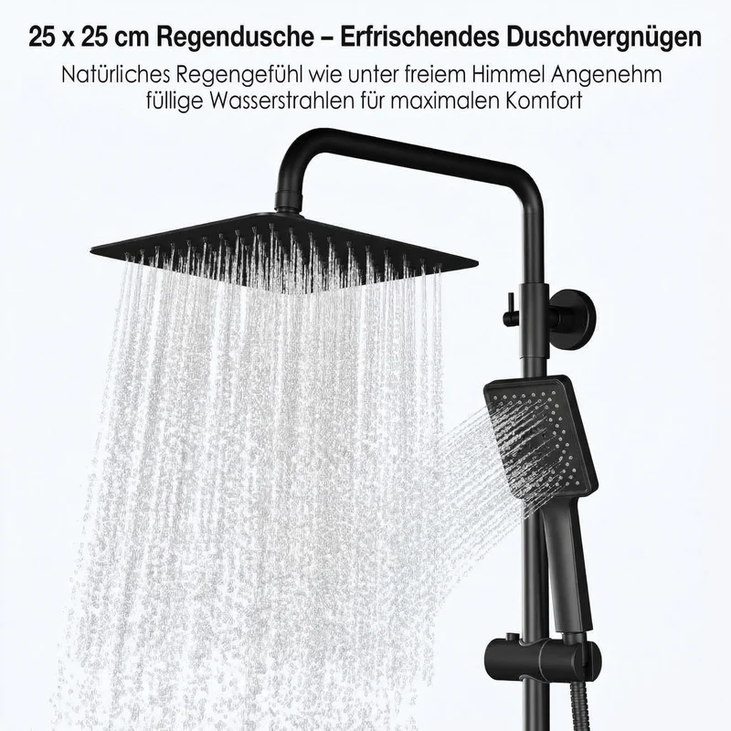 Garvee Set Doccia con Termostato e Doccetta Pioggia 25cm, Acciaio Inox, Barra Regolabile, Sistema Completo per Bagni Moderni, Nero Cromato