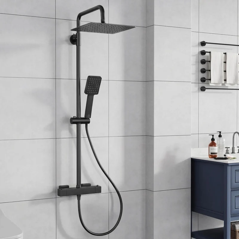 Garvee Set Doccia con Termostato e Doccetta Pioggia 25cm, Acciaio Inox, Barra Regolabile, Sistema Completo per Bagni Moderni, Nero Cromato