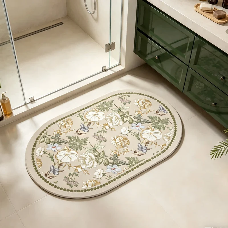 Schnelltrocknende Badematte mit Blumenmuster aus Kieselgur