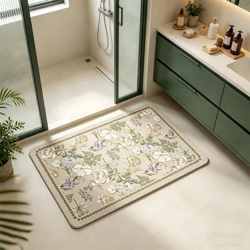 Schnelltrocknende Badematte mit Blumenmuster aus Kieselgur