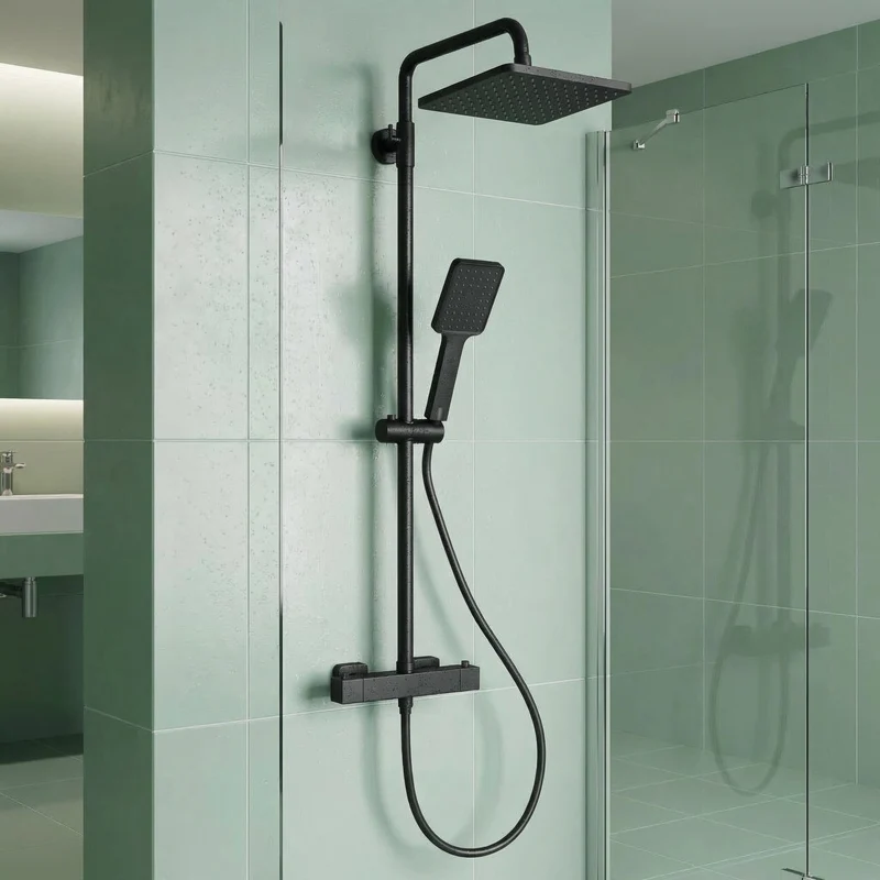 Garvee Sistema Doccia Completo con Termostato e Doccia a Soffione, Acciaio Inossidabile, Barra Regolabile, Bagni Moderni, Nero Cromato, 25 cm