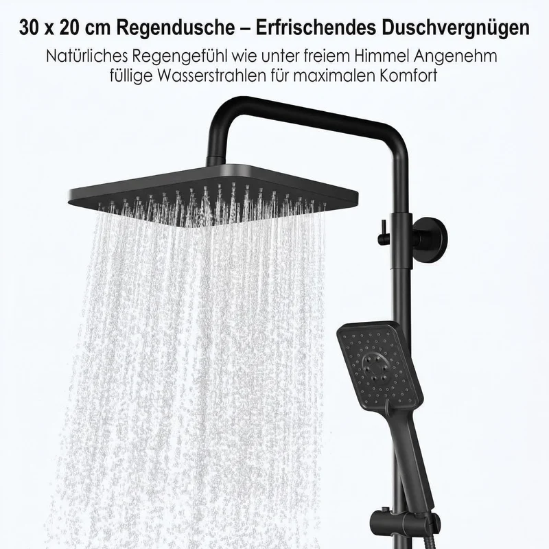 Garvee Sistema Doccia Completo con Termostato e Doccia a Soffione, Acciaio Inossidabile, Barra Regolabile, Bagni Moderni, Nero Cromato, 25 cm