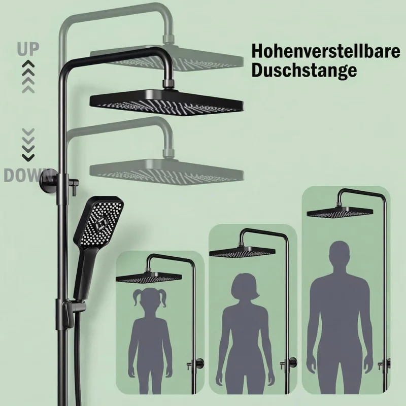Garvee Sistema Doccia Completo con Termostato e Doccia a Soffione, Acciaio Inossidabile, Barra Regolabile, Bagni Moderni, Nero Cromato, 25 cm