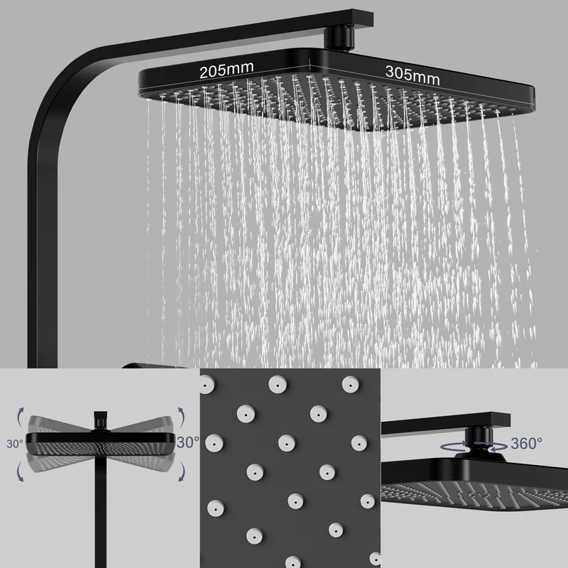 Garvee Sistema Doccia Completo con Termostato e Doccia a Soffione, Acciaio Inossidabile, Barra Regolabile, Bagni Moderni, Nero Cromato, 25 cm
