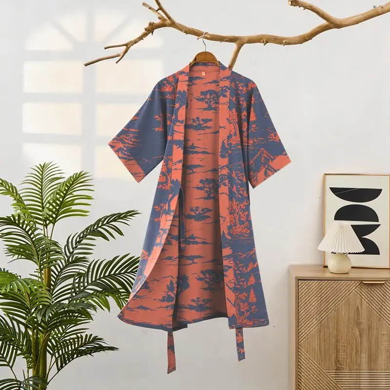 Unisex Kimono-Bademantel aus Baumwollgaze mit Berg- und Baummotiven