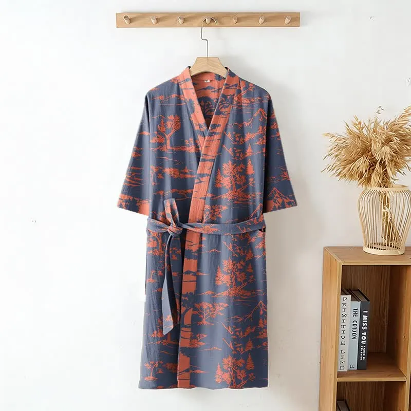 Unisex Kimono-Bademantel aus Baumwollgaze mit Berg- und Baummotiven
