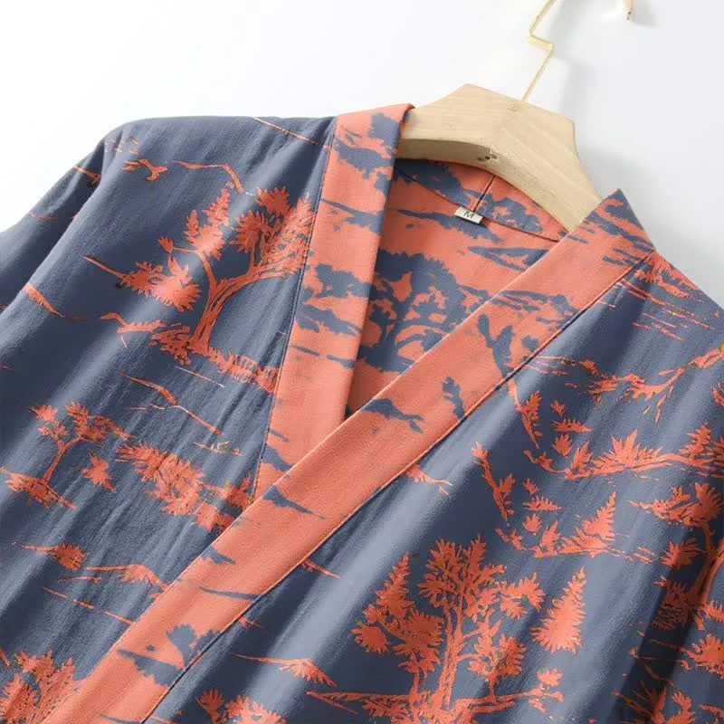Unisex Kimono-Bademantel aus Baumwollgaze mit Berg- und Baummotiven
