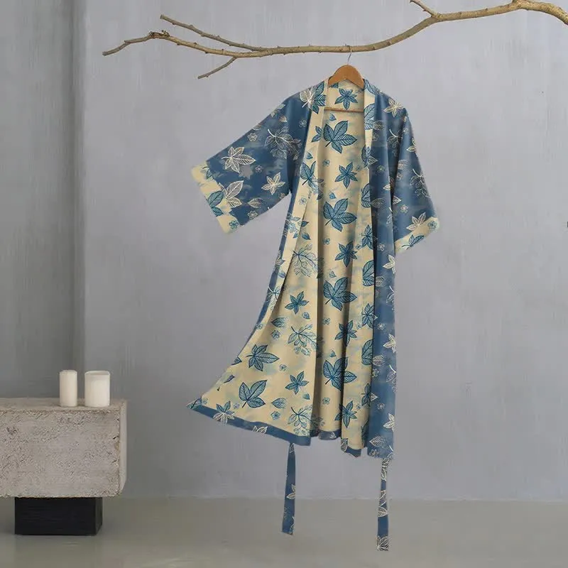 Unisex Kimono-Bademantel aus Baumwolle mit Ahornblattmuster