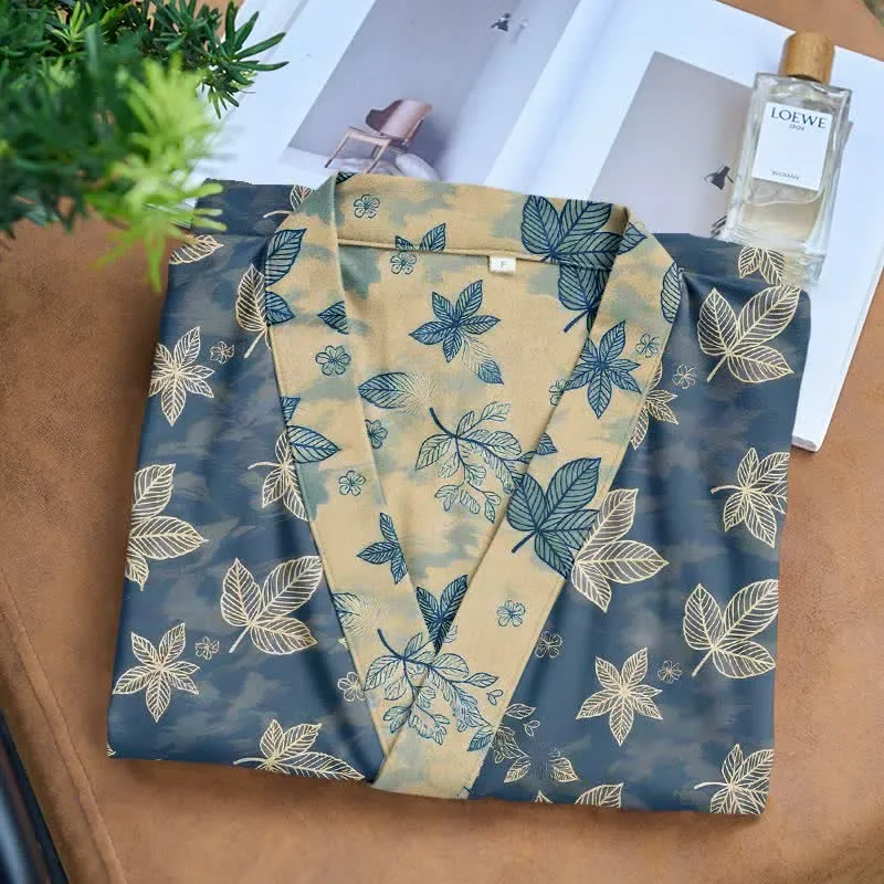 Unisex Kimono-Bademantel aus Baumwolle mit Ahornblattmuster