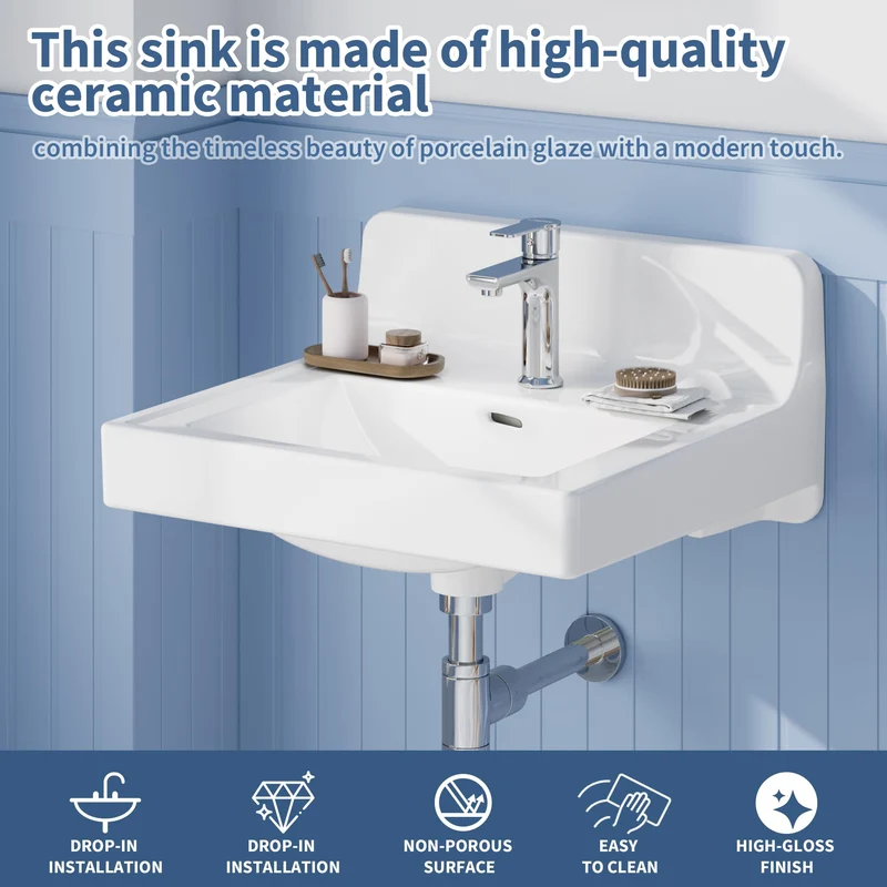 Garvee Top Lavabo Bagno 48x51 cm Ceramica Incasso Bianco Per Bagno Moderno Con Paraspruzzi E Scarico Overflow