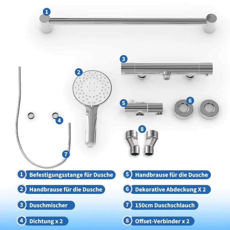 Garvee Miscelatore Termostatico Anti-Scaldo con Doccia Fissa 250 mm in Acciaio Inox 304, Cromato, per Bagno Combinato, Include Tubo 1,5 m