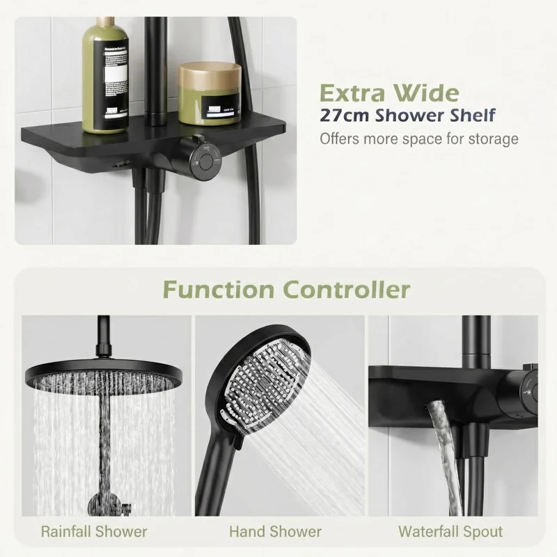 Sistema Doccia Garvee con Doccia a Pioggia Set Testa Doccia 250mm Acciaio Inox Cromo con Mensola Integrata Regolabile in Altezza Design Moderno per Bagno