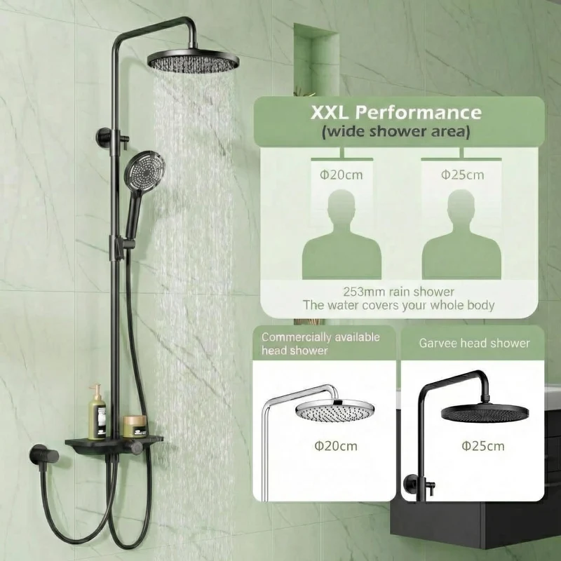 Sistema Doccia Garvee con Doccia a Pioggia Set Testa Doccia 250mm Acciaio Inox Cromo con Mensola Integrata Regolabile in Altezza Design Moderno per Bagno