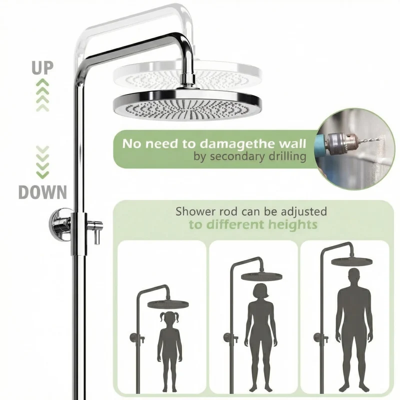 Garvee Sistema Doccia con Doccia a Soffione Set con Testina Doccia a Pioggia da 250 mm, Doccia a Mano 3+1 Funzioni, Acciaio Inox Cromato, Bagno Moderno, Regolabile in Altezza