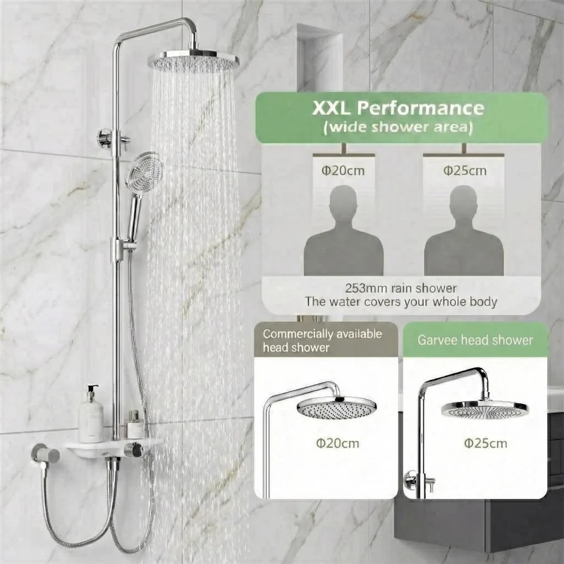 Garvee Sistema Doccia con Doccia a Soffione Set con Testina Doccia a Pioggia da 250 mm, Doccia a Mano 3+1 Funzioni, Acciaio Inox Cromato, Bagno Moderno, Regolabile in Altezza