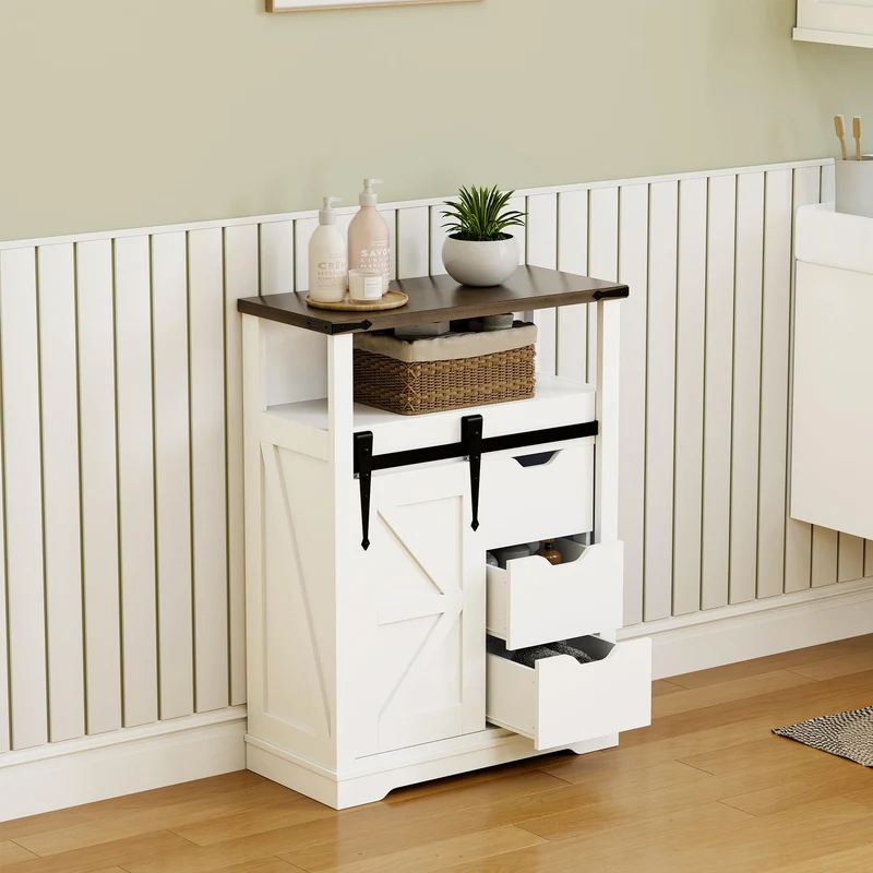 Mobile Portaoggetti d'Ingresso Garvee Bianco in MDF - Armadio Alto con Porta Scorrevole e 3 Cassetti - Compatto per Bagno, Cucina, Soggiorno