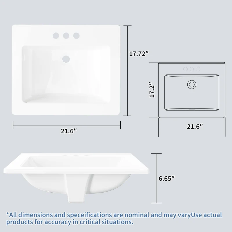 Garvee Lavabo da Incasso Rettangolare 21x43,2 cm in Ceramica Bianca con Tre Fori per Bagni Compatti, Scarico Overflow, Bordo Esteso, Facile Installazione