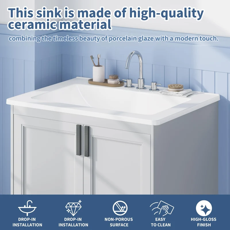 Garvee Lavabo da Incasso Rettangolare 21x43,2 cm in Ceramica Bianca con Tre Fori per Bagni Compatti, Scarico Overflow, Bordo Esteso, Facile Installazione