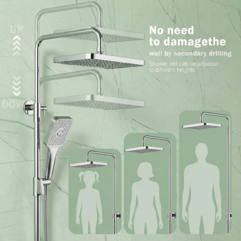Sistema Doccia Garvee con Doccia a Soffione 250mm, Doccia a Mano 3+1 Funzioni, Acciaio Inox Cromato, Asta Doccia Regolabile, Bagno Moderno, Anticalcare