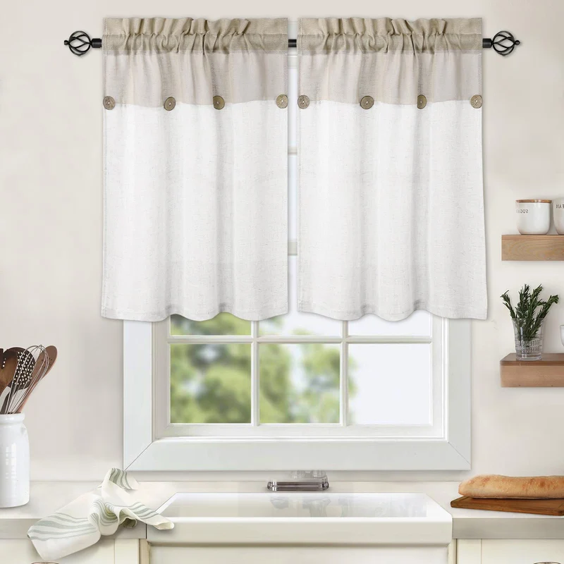 Garvee Tende per Cucina con Bottoni Patchwork Semitrasparenti in Lino e Poliestere per Cucina e Bagno 69x61cm Marrone