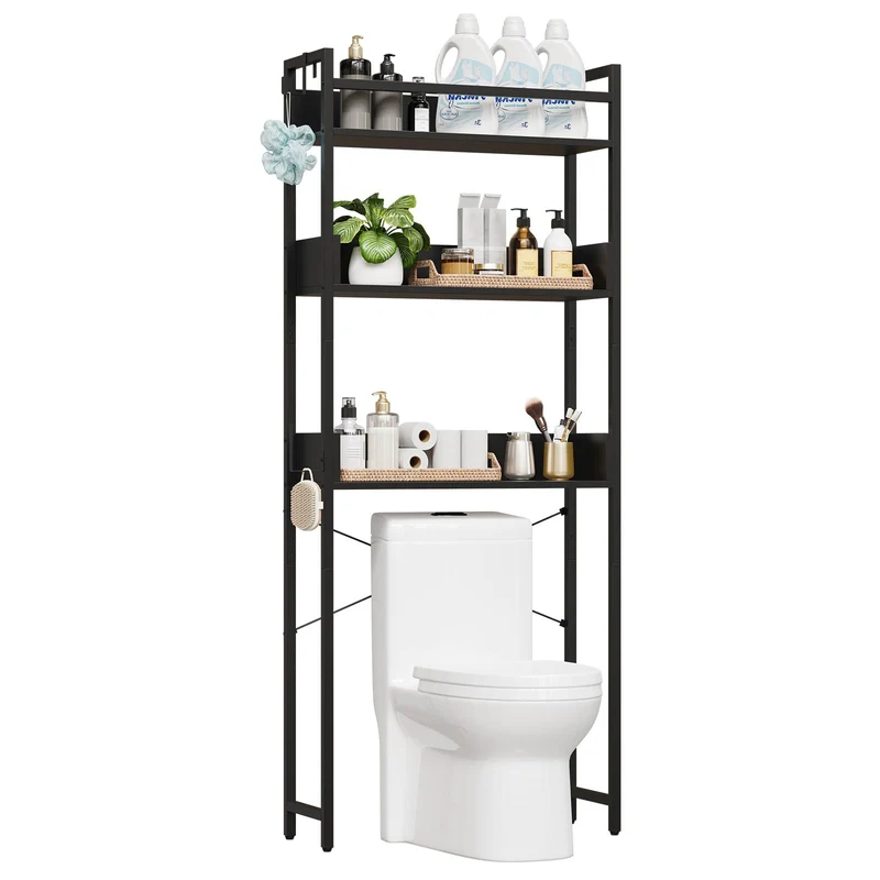 Garvee Scaffale Sopra WC 3 Ripiani in Legno con Cestino e Mensola, Organizer Bagno Salvaspazio, Bagni Piccoli, Struttura Metallica Robusta, Multicolore