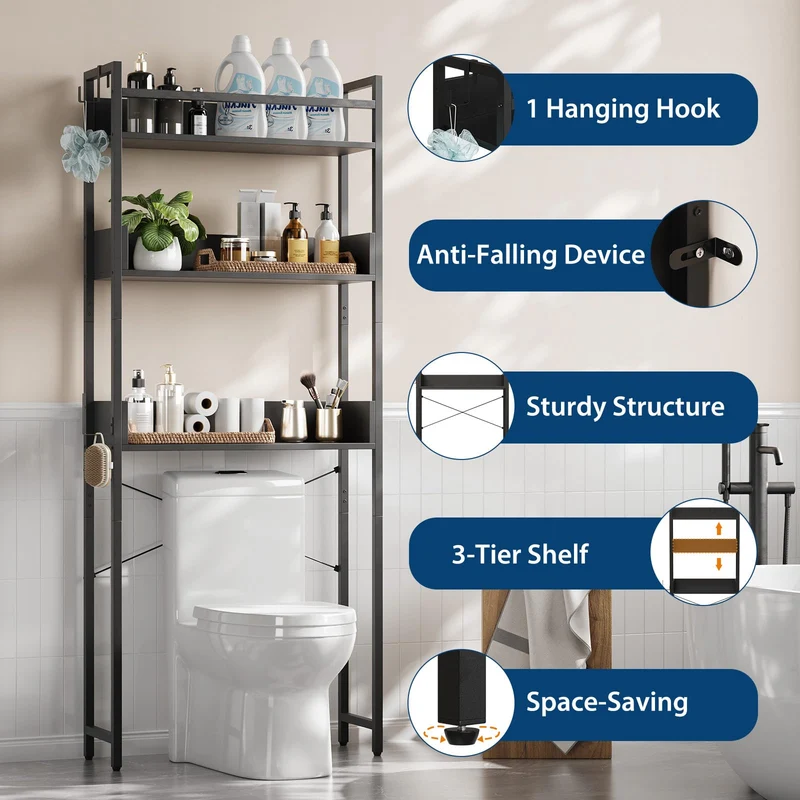 Garvee Scaffale Sopra WC 3 Ripiani in Legno con Cestino e Mensola, Organizer Bagno Salvaspazio, Bagni Piccoli, Struttura Metallica Robusta, Multicolore