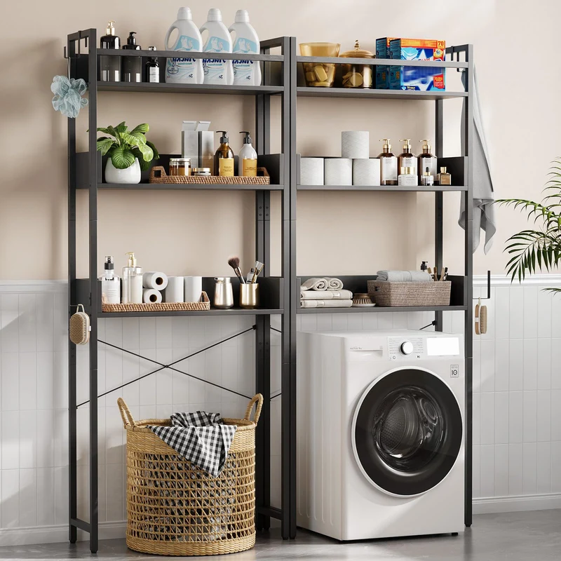 Garvee Scaffale Sopra WC 3 Ripiani in Legno con Cestino e Mensola, Organizer Bagno Salvaspazio, Bagni Piccoli, Struttura Metallica Robusta, Multicolore