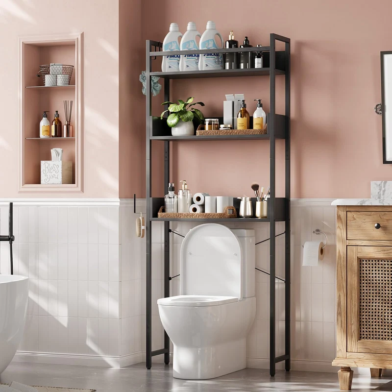 Garvee Scaffale Sopra WC 3 Ripiani in Legno con Cestino e Mensola, Organizer Bagno Salvaspazio, Bagni Piccoli, Struttura Metallica Robusta, Multicolore