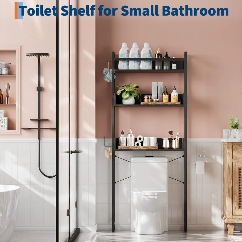 Garvee Scaffale Sopra WC 3 Ripiani in Legno con Cestino e Mensola, Organizer Bagno Salvaspazio, Bagni Piccoli, Struttura Metallica Robusta, Multicolore