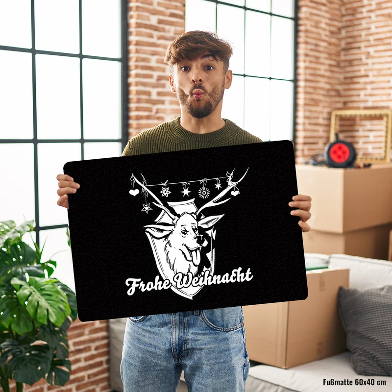Hirschkopf Fußmatte in 35x50 cm ohne Rand mit Spruch: Frohe Weihnacht