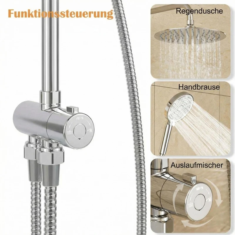 Garvee Sistema Doccia Moderno Senza Rubinetto, Soffione Rotondo 25 cm, Colonna Doccia Regolabile, Acciaio Inox, Bagno, Installazione Semplice, 3 Getti, Argento