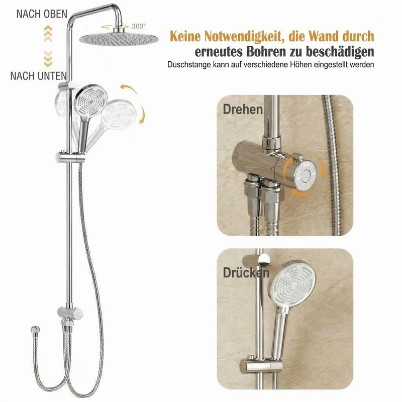 Garvee Sistema Doccia Moderno Senza Rubinetto, Soffione Rotondo 25 cm, Colonna Doccia Regolabile, Acciaio Inox, Bagno, Installazione Semplice, 3 Getti, Argento