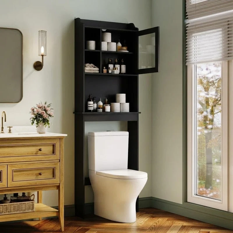 Garvee Mobile Bagno Salvaspazio Sopra WC Con Ripiani Regolabili E Porta In Vetro, MDF Resistente, Nero, Per Piccoli Bagni