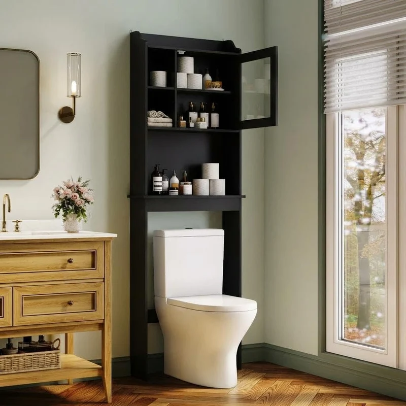 Garvee Mobile Bagno Salvaspazio Sopra WC Con Ripiani Regolabili E Porta In Vetro, MDF Resistente, Nero, Per Piccoli Bagni