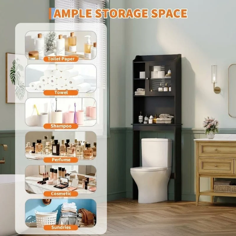 Garvee Mobile Bagno Salvaspazio Sopra WC Con Ripiani Regolabili E Porta In Vetro, MDF Resistente, Nero, Per Piccoli Bagni