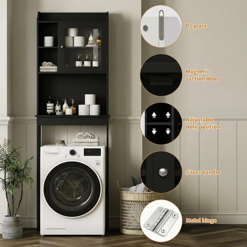 Garvee Mobile Bagno Salvaspazio Sopra WC Con Ripiani Regolabili E Porta In Vetro, MDF Resistente, Nero, Per Piccoli Bagni