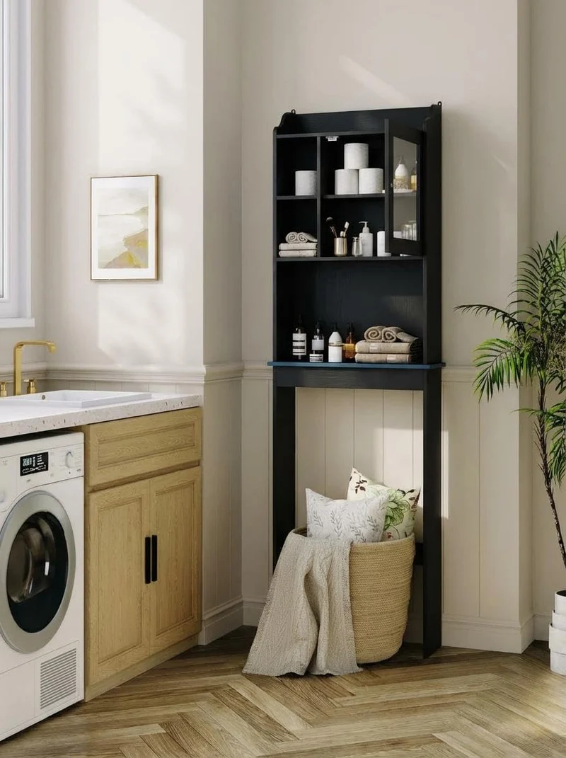 Garvee Mobile Bagno Salvaspazio Sopra WC Con Ripiani Regolabili E Porta In Vetro, MDF Resistente, Nero, Per Piccoli Bagni