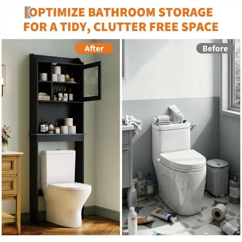 Garvee Mobile Bagno Salvaspazio Sopra WC Con Ripiani Regolabili E Porta In Vetro, MDF Resistente, Nero, Per Piccoli Bagni