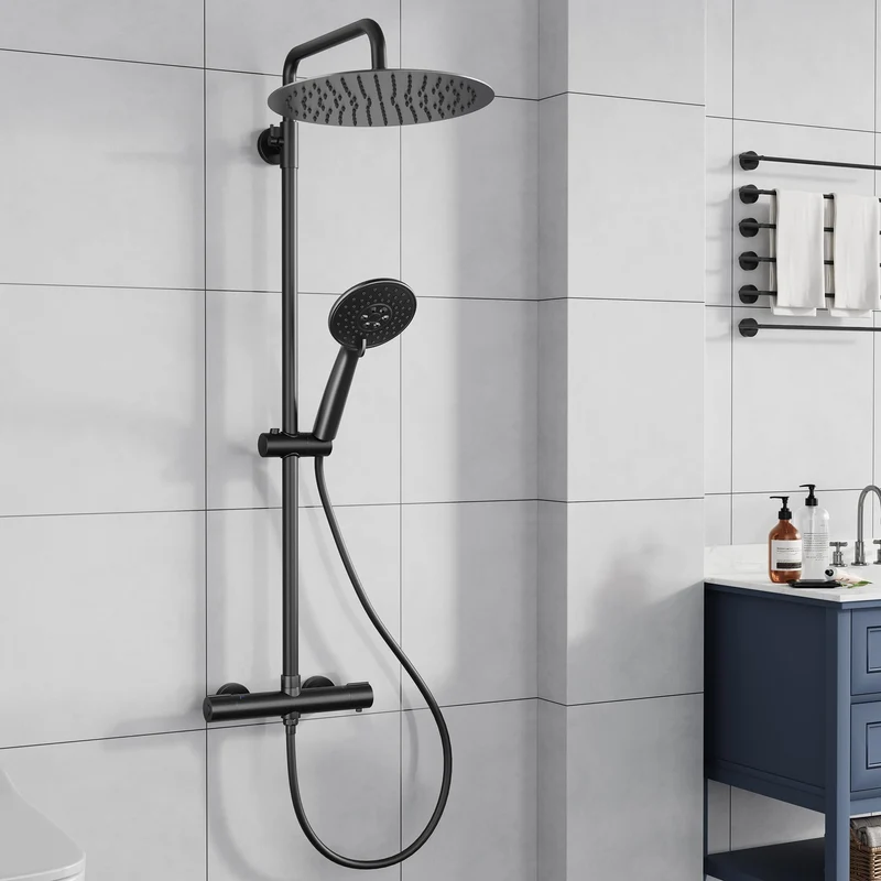 Garvee Sistema Doccia con Termostato 38°C Sicurezza, Doccia a 3 Funzioni, Materiale Resistente, Montaggio Facile, Bagno Familiare, Nero
