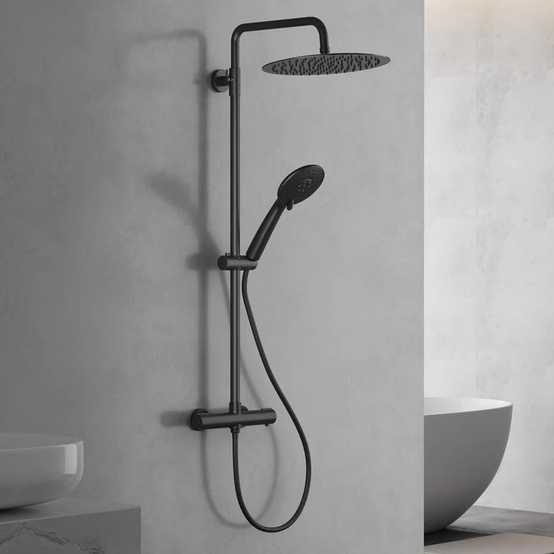 Garvee Sistema Doccia con Termostato 38°C Sicurezza, Doccia a 3 Funzioni, Materiale Resistente, Montaggio Facile, Bagno Familiare, Nero