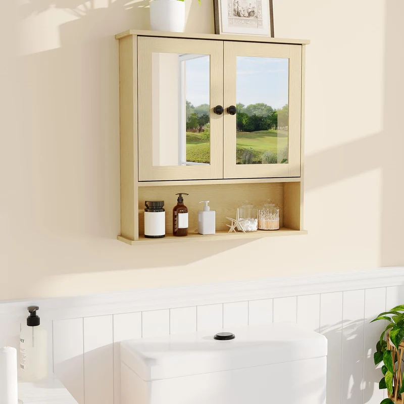 Garvee Mobiletto da Bagno con Specchio, Mensole Regolabili, Stile Rustico Moderno, 58,4x56,1x13 cm, Bianco, Multiuso per Bagno e Cucina