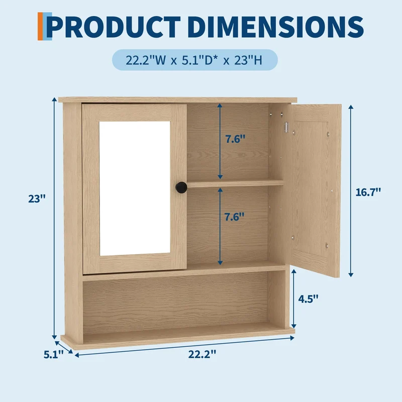 Garvee Mobiletto da Bagno con Specchio, Mensole Regolabili, Stile Rustico Moderno, 58,4x56,1x13 cm, Bianco, Multiuso per Bagno e Cucina