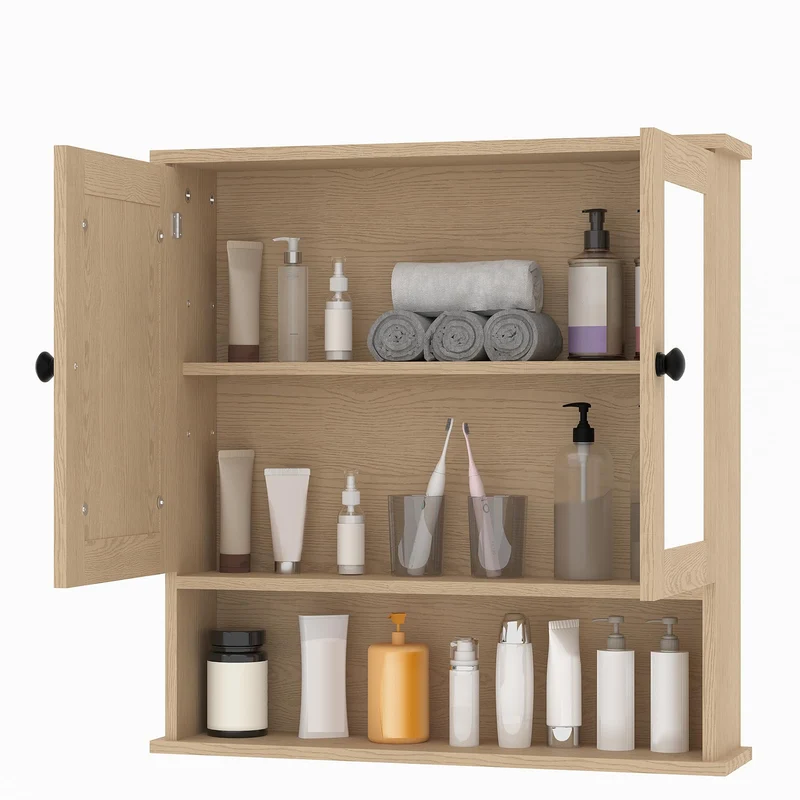 Garvee Mobiletto da Bagno con Specchio, Mensole Regolabili, Stile Rustico Moderno, 58,4x56,1x13 cm, Bianco, Multiuso per Bagno e Cucina