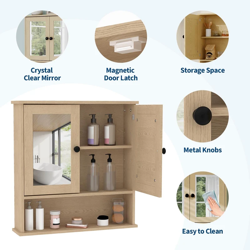 Garvee Mobiletto da Bagno con Specchio, Mensole Regolabili, Stile Rustico Moderno, 58,4x56,1x13 cm, Bianco, Multiuso per Bagno e Cucina