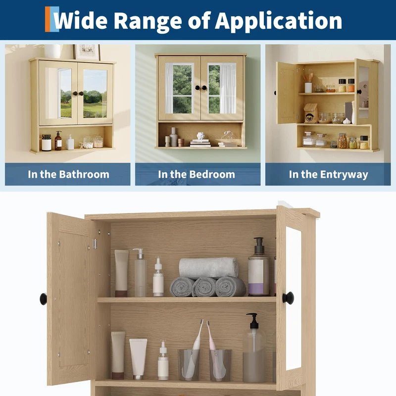 Garvee Mobiletto da Bagno con Specchio, Mensole Regolabili, Stile Rustico Moderno, 58,4x56,1x13 cm, Bianco, Multiuso per Bagno e Cucina