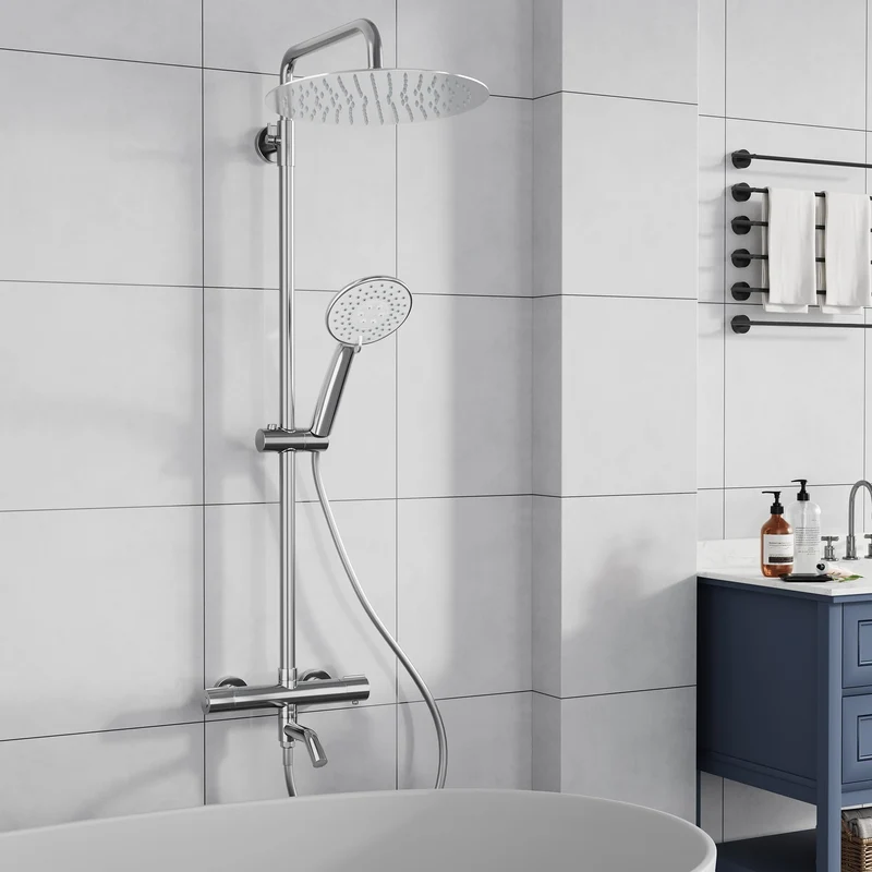Garvee Sistema Doccia con Termostato e Sicurezza 38°C, Rubinetto Doccia con 3 Funzioni, Materiale Resistente, Montaggio Facile, Bagno Familiare, Argento
