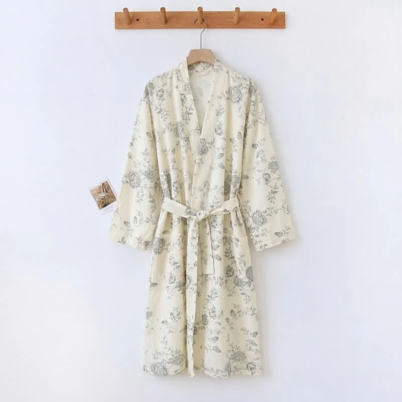 Kimono-Bademantel aus Baumwoll-Leinen mit pastoralem Blumenmuster