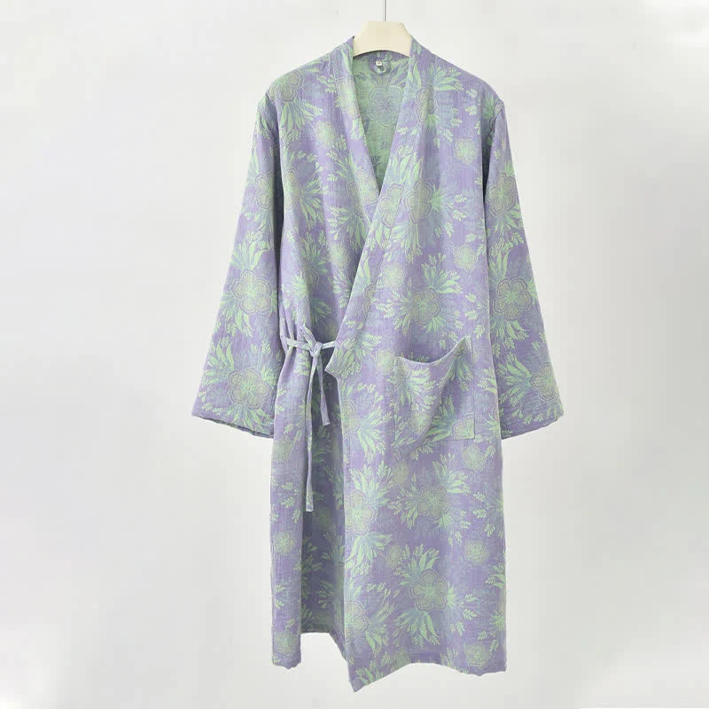 Kimono-Bademantel aus doppellagigem Baumwoll-Doppelgaze mit Pfirsichblütenmuster