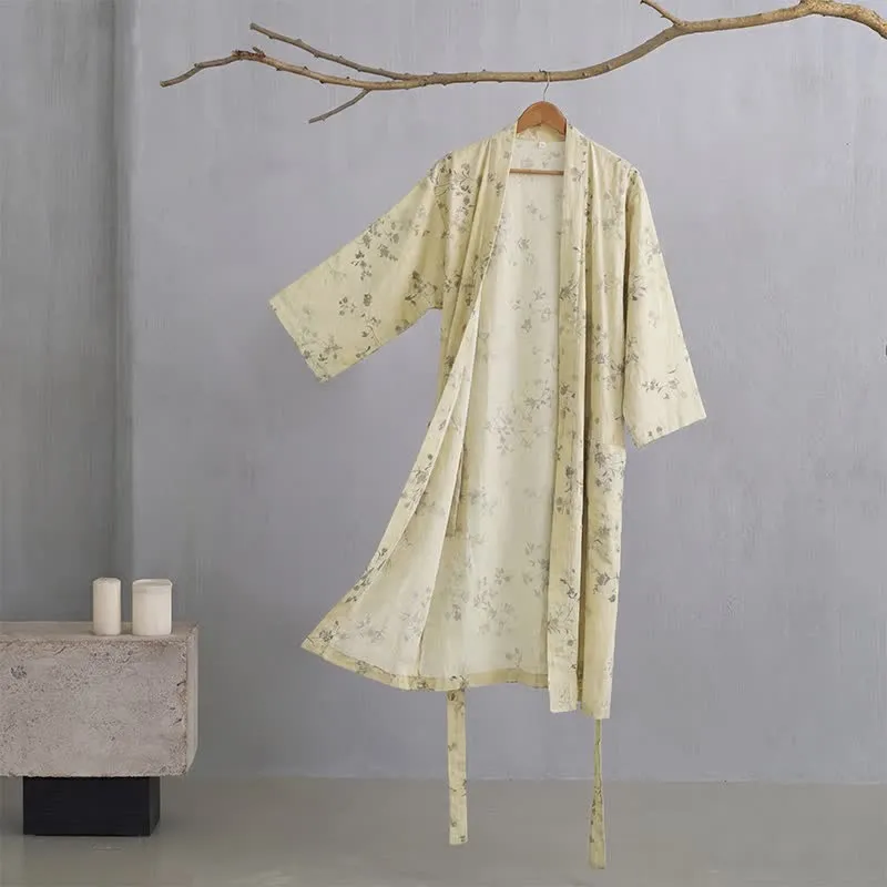 Eleganter Kimono-Bademantel aus Baumwoll-Leinen mit Blumenmuster