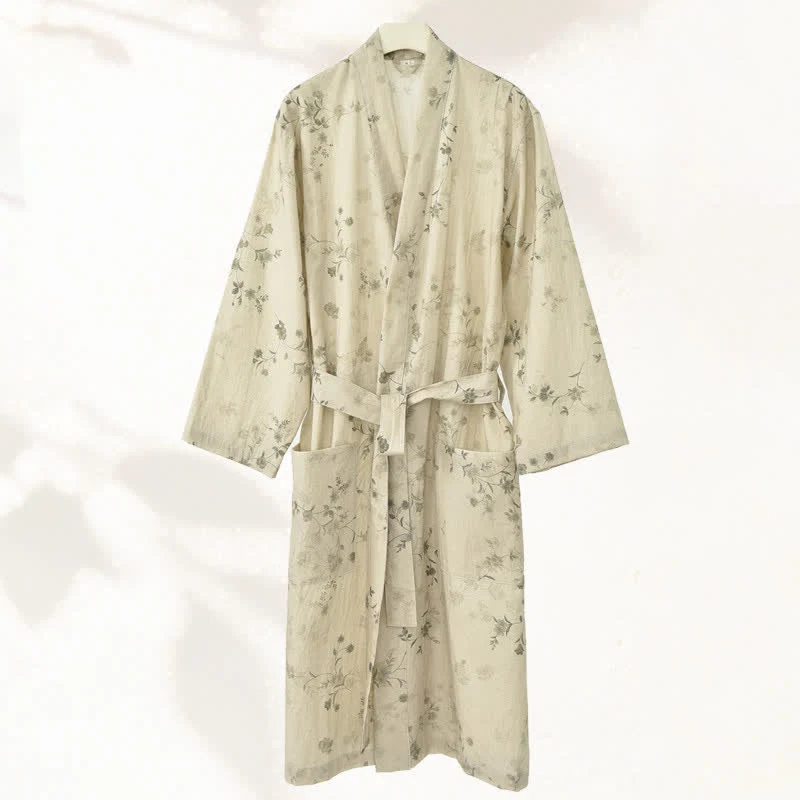 Eleganter Kimono-Bademantel aus Baumwoll-Leinen mit Blumenmuster